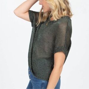 Vince metallic green olive open weave Knit Short Sleeve Top XS